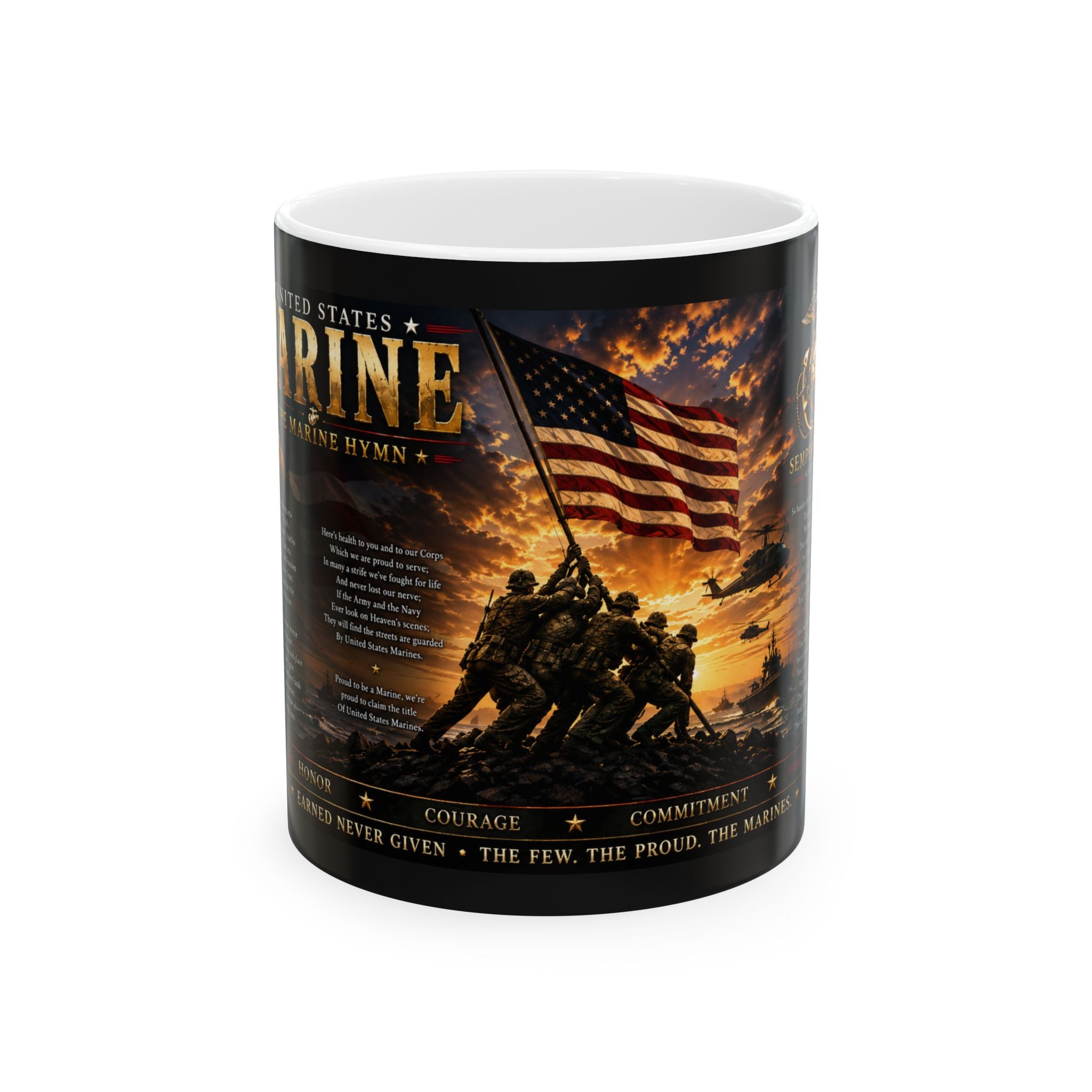 Marine Corps Memorial Mug – Iwo Jima Flag Raising with Hymn & US Flag 11oz  Item #10015