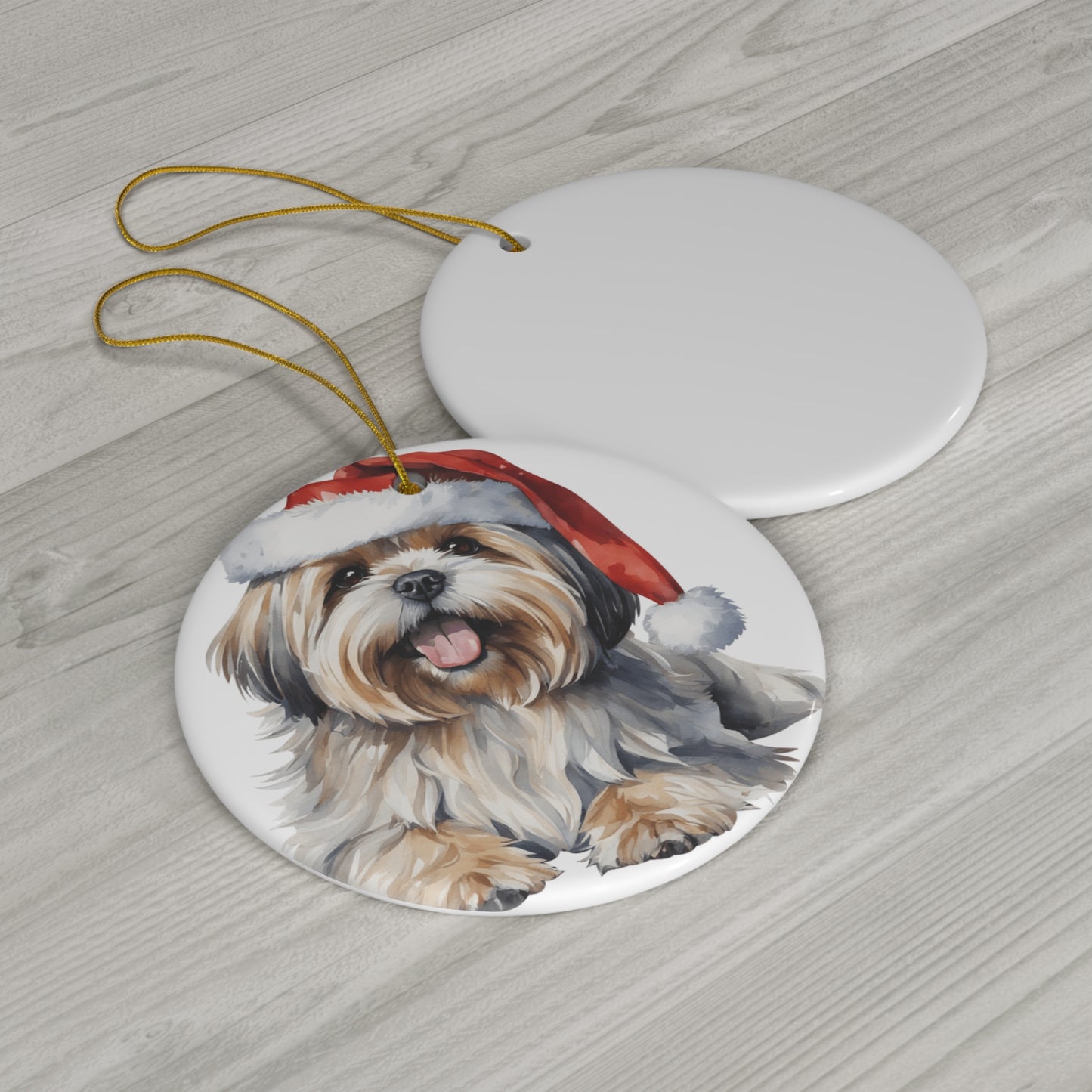 Ceramic Ornament - Lhasa Apso Dog With Santa Hat      Item #734546