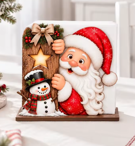 Santa Claus With Snowman Wooden Napkin Holder By Santa's Creations