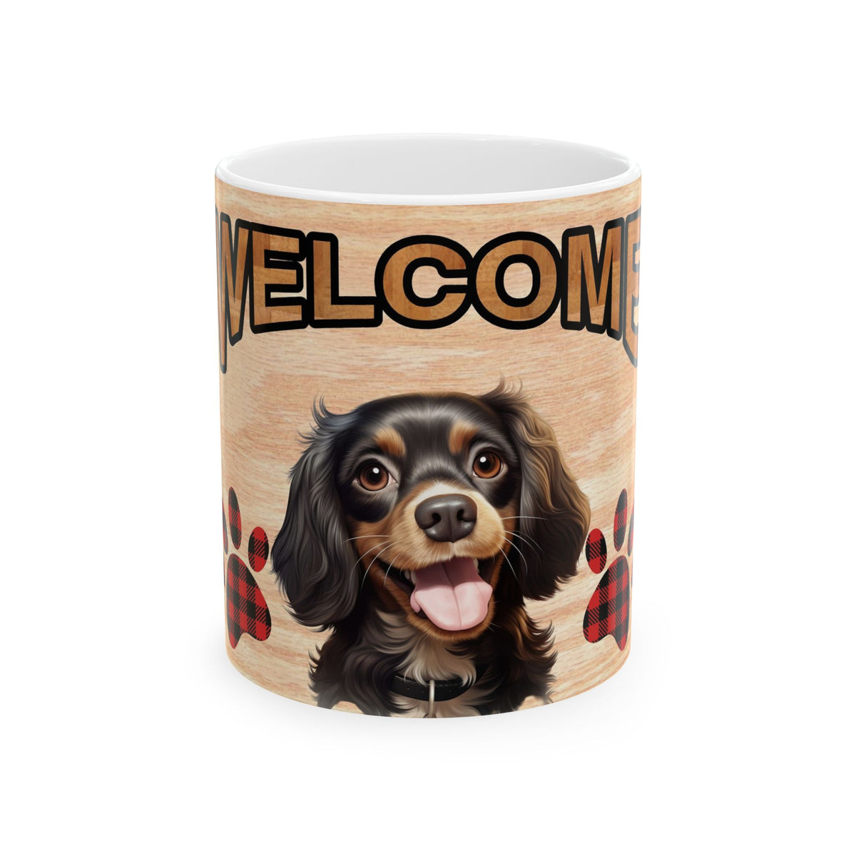 Welcome Dog Illustration Ceramic Mug – Cute Paw Print Coffee Cup 11oz    Item #375234