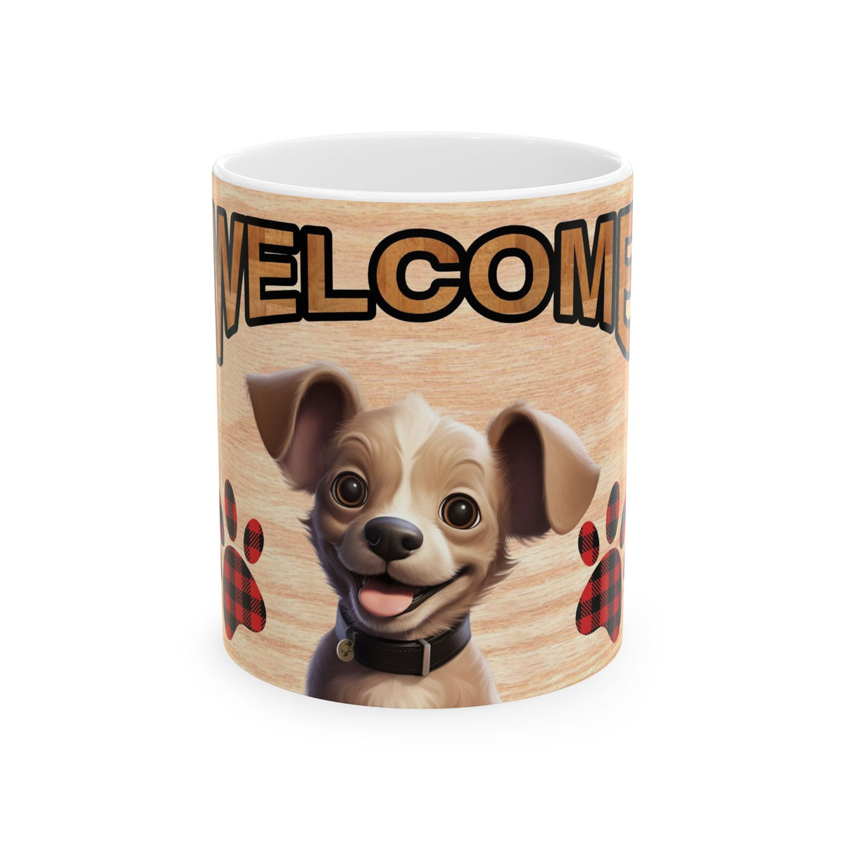 Welcome Dog Illustration Ceramic Mug – Cute Paw Print Coffee Cup 11oz    Item #833276