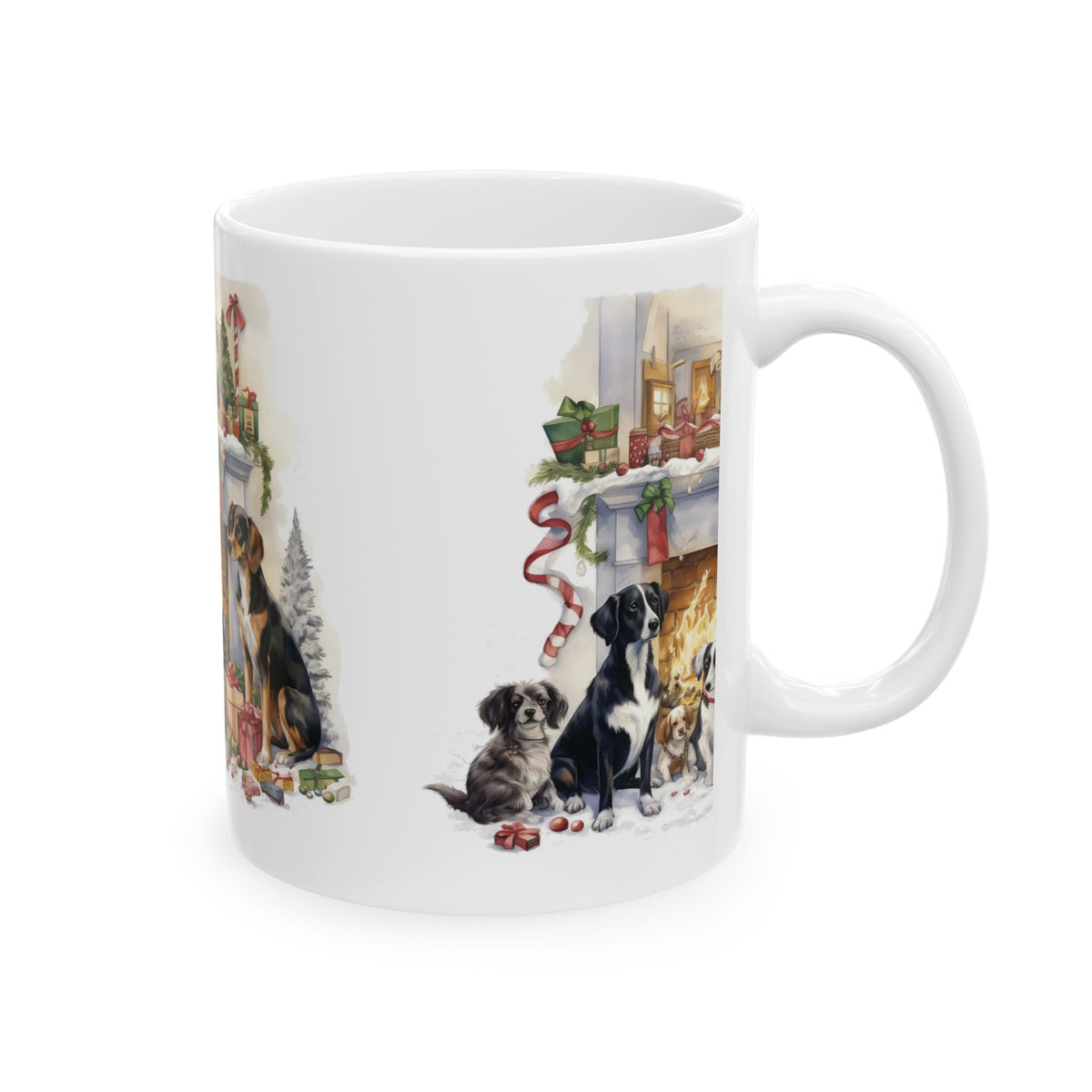 Christmas Dogs Ceramic Mug – Holiday Fireplace Puppy Scene 11oz  Item #987425