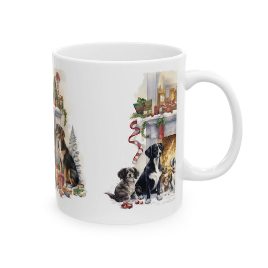 Christmas Dogs Ceramic Mug – Holiday Fireplace Puppy Scene 11oz  Item #987425