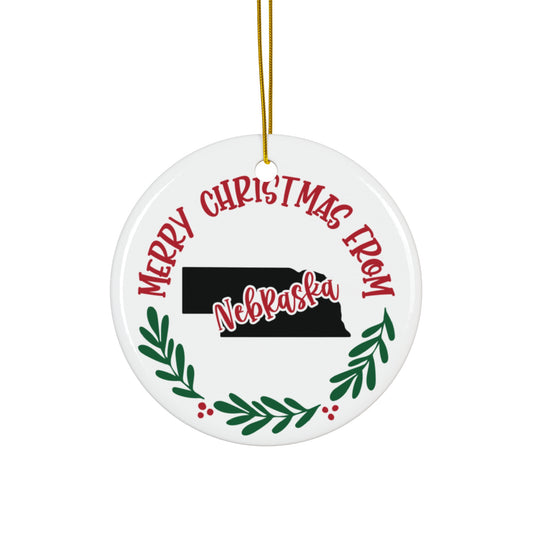 Merry Christmas From Nebraska Ceramic Disc Ornament       Item #7863797