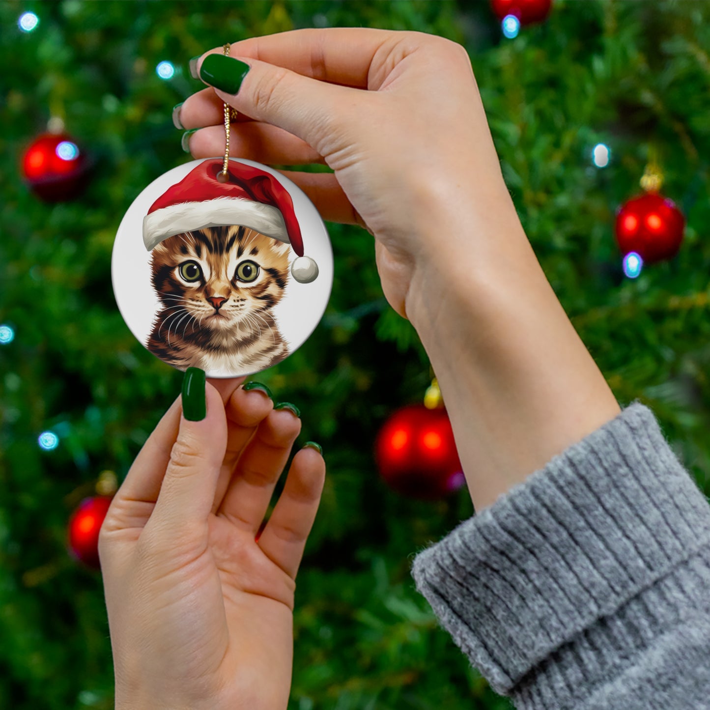 Ceramic Ornament - Bengal Kitten With Santa Hat      Item #39916