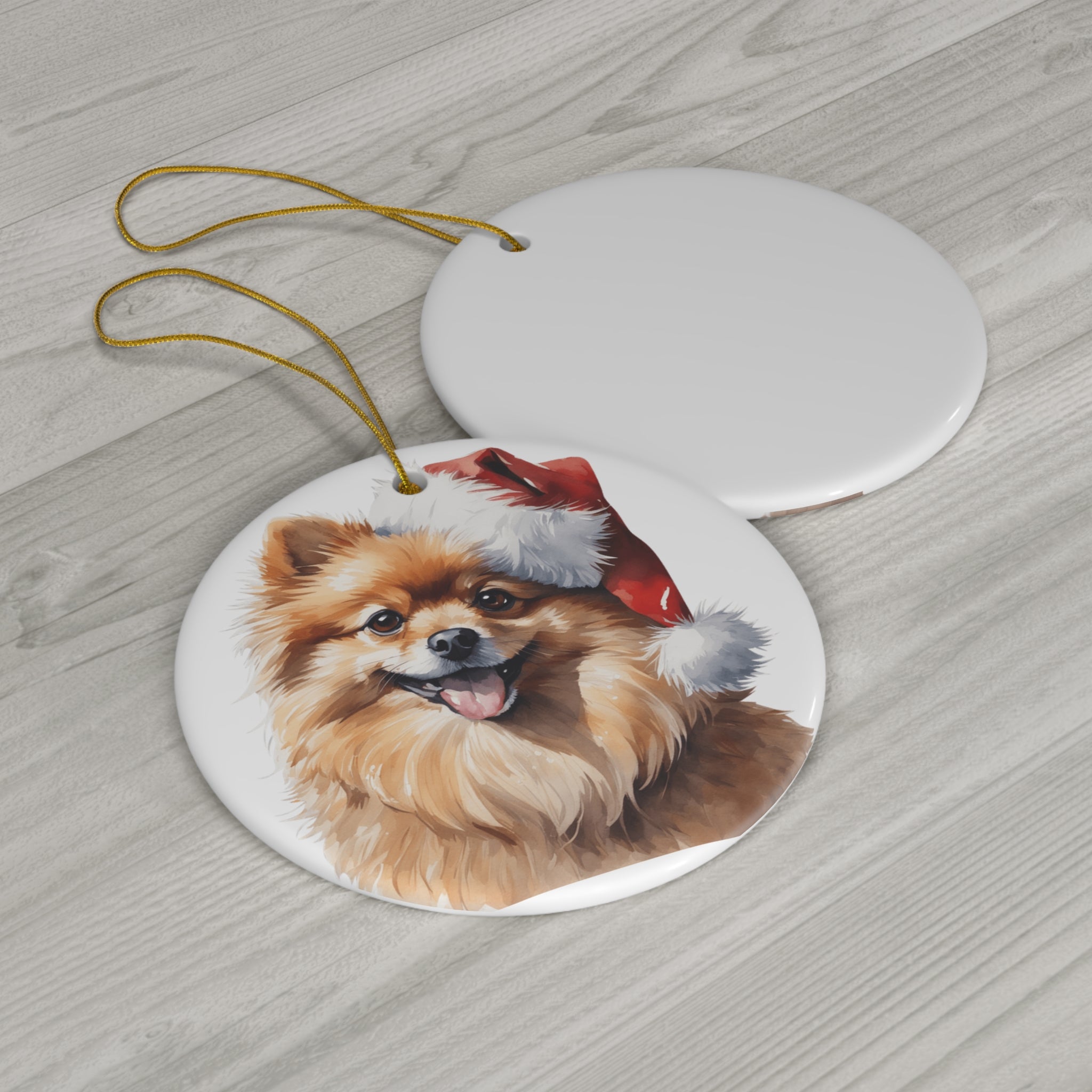 Pomeranian Dog With Santa Hat Ceramic Disc Ornament        Item #232169