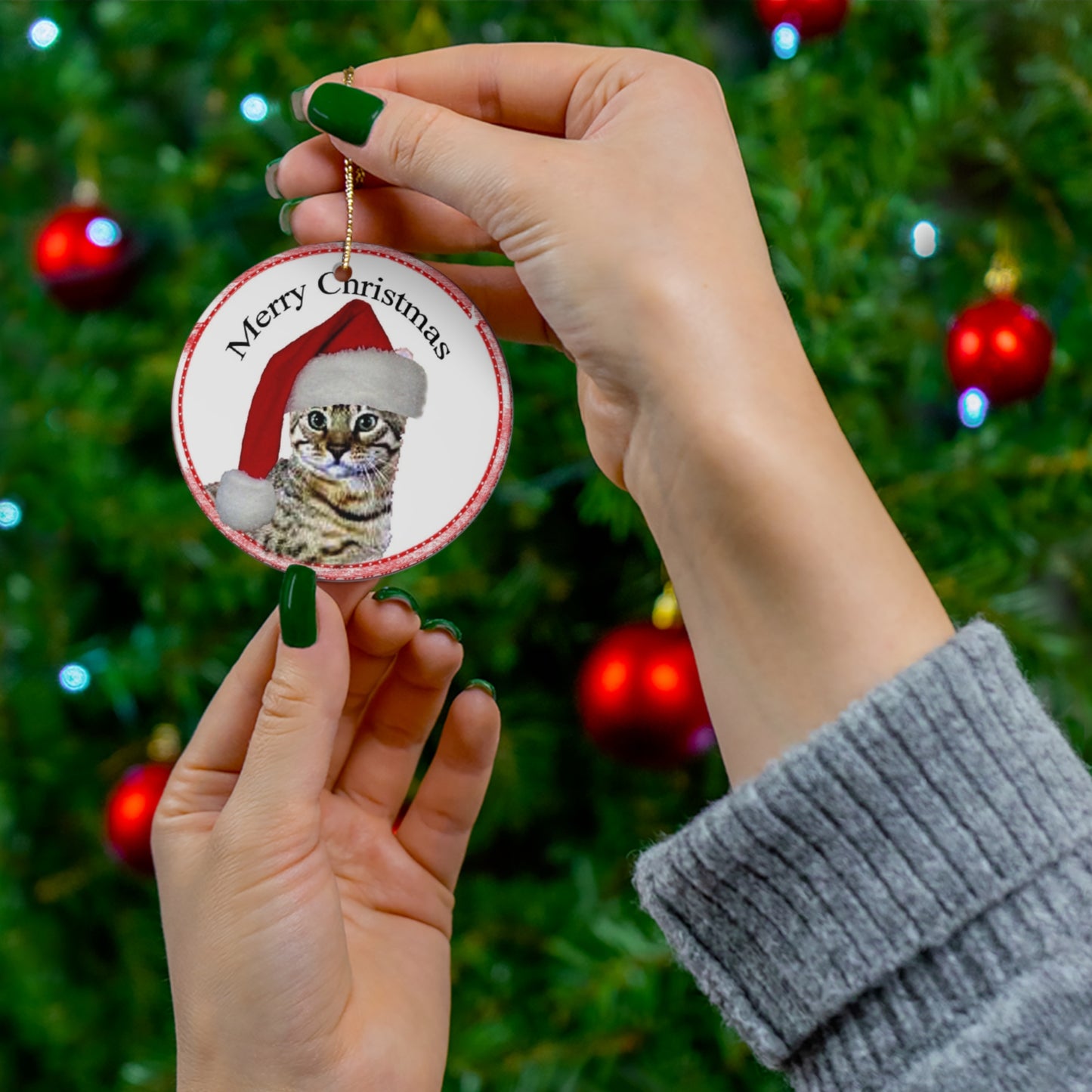 Merry Christmas Cat Ceramic Disc Ornament        Item #7481007