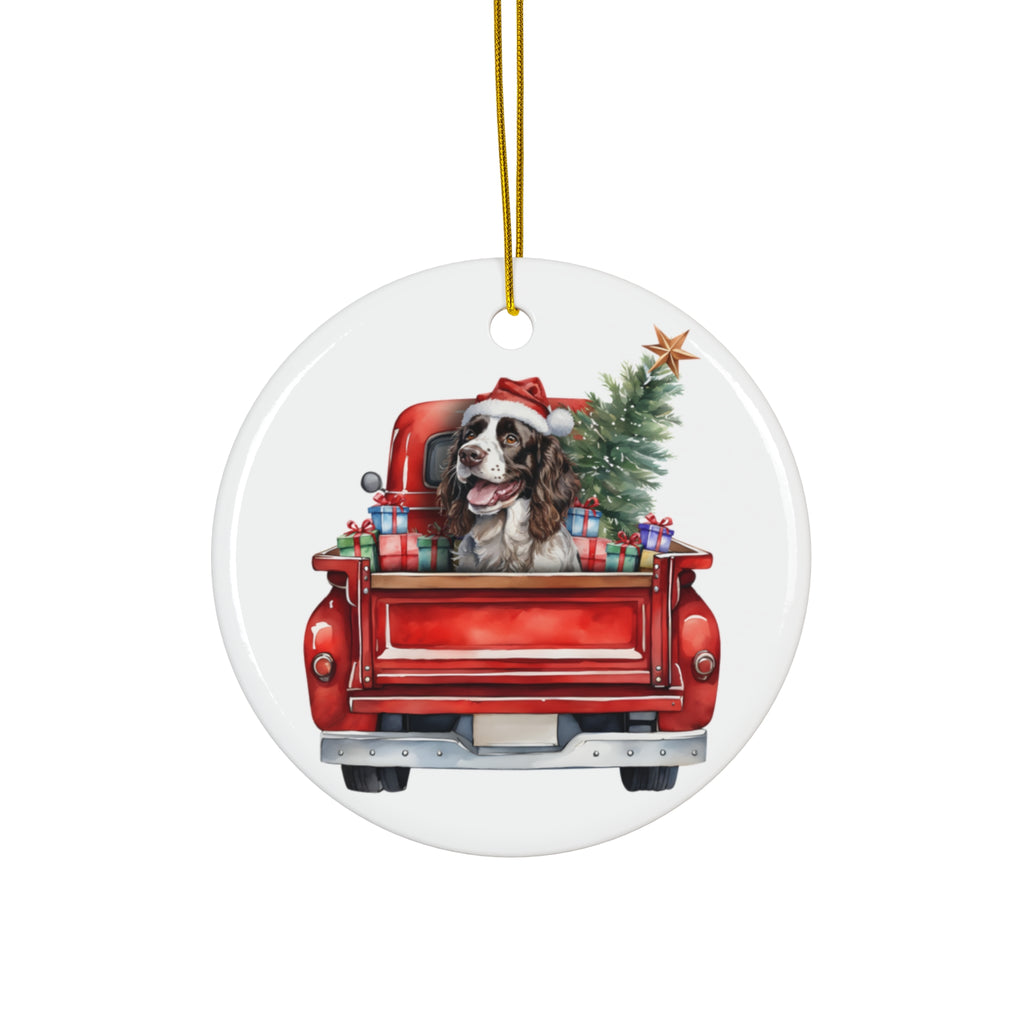 English Springer Spaniel Christmas Dog In Red Truck Ceramic Disc Ornament         Item #1164054