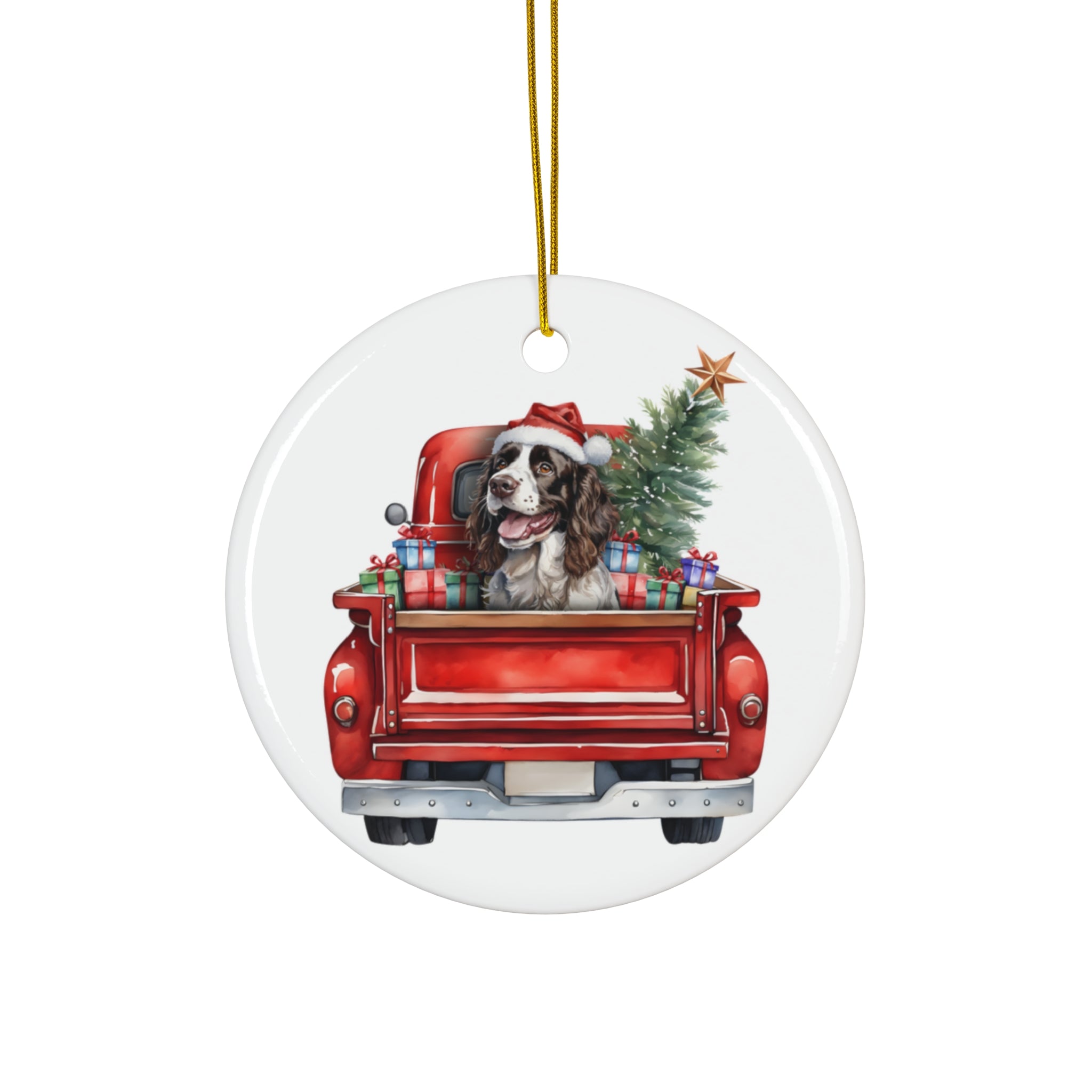 English Springer Spaniel Christmas Dog In Red Truck Ceramic Disc Ornament         Item #1164054