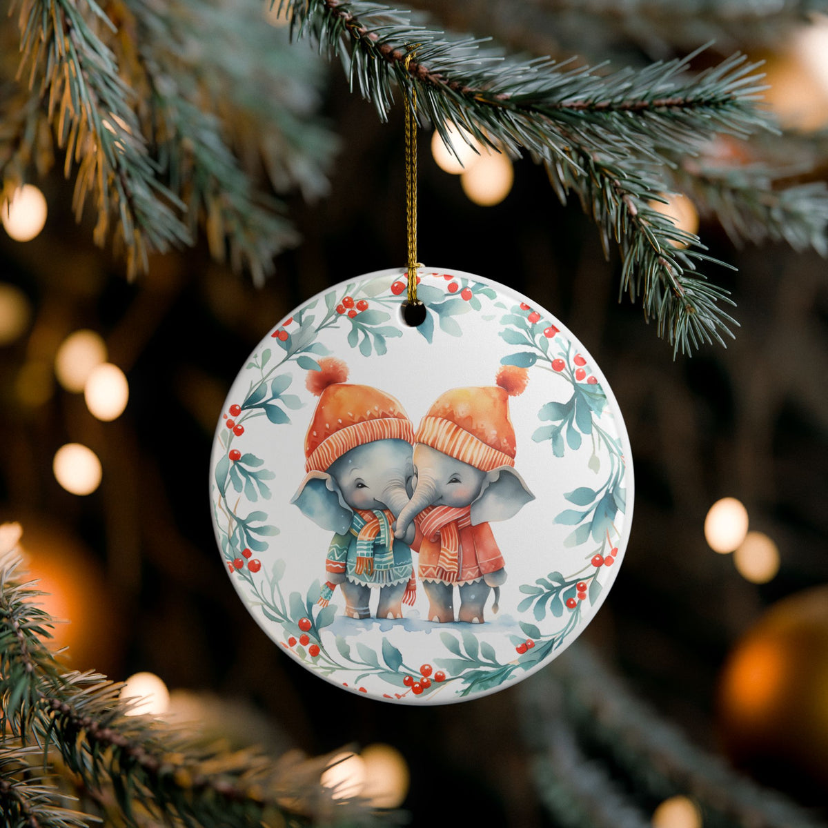 Ceramic Christmas Ornament with Cozy Elephant Couple    Item #101641