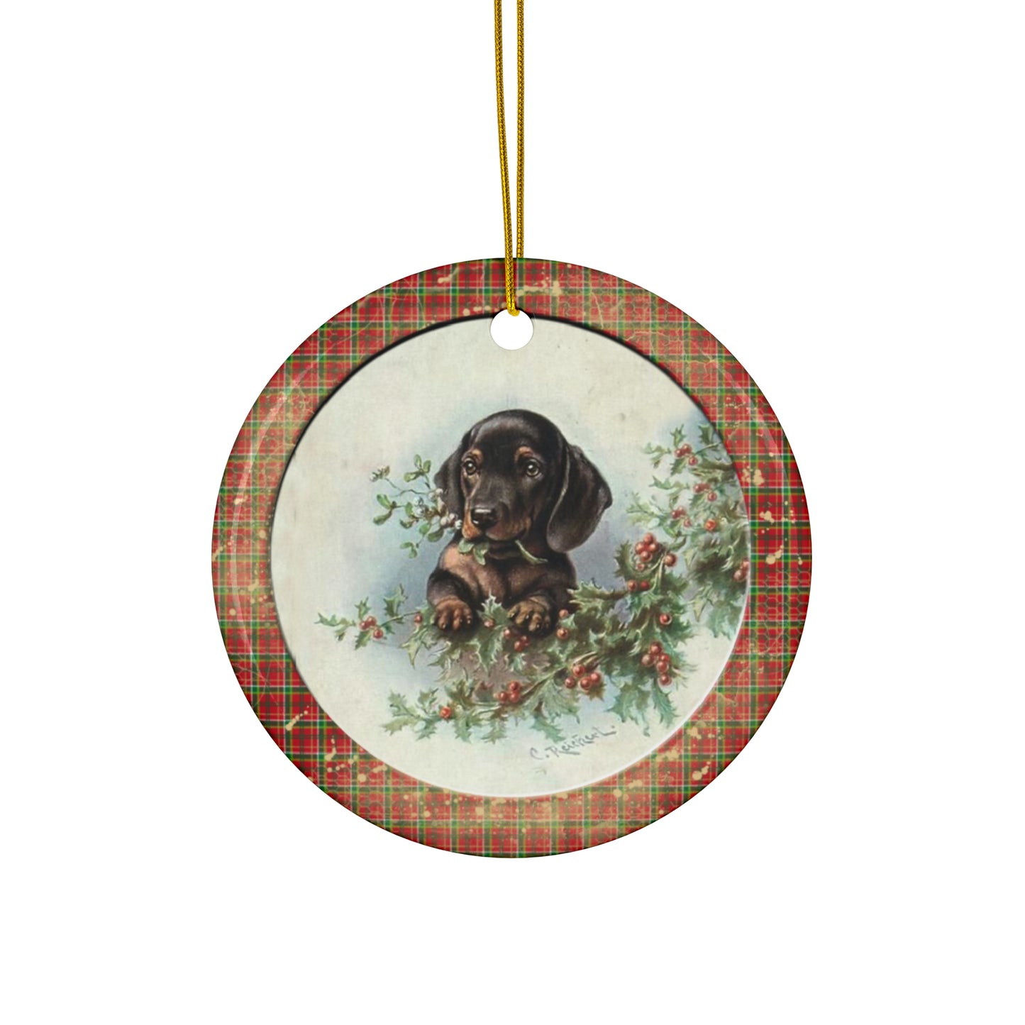 Christmas Pup Ceramic Disc Ornament      Item #9354927