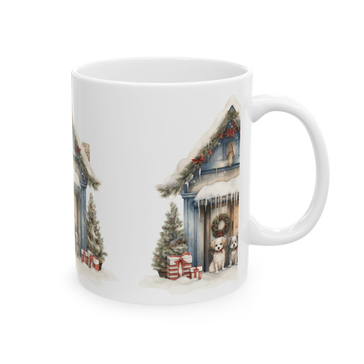 Christmas Puppy Cottage Mug — Winter Holiday Ceramic Coffee Cup 11oz  Item #13398