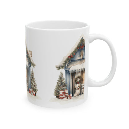 Christmas Puppy Cottage Mug — Winter Holiday Ceramic Coffee Cup 11oz  Item #13398