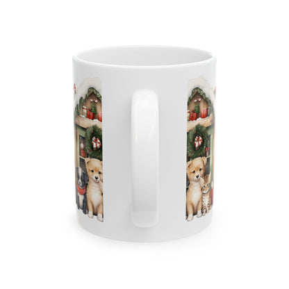 Holiday Pets Ceramic Mug – Cute Puppy & Kitten Christmas Scene 11oz   Item #298944