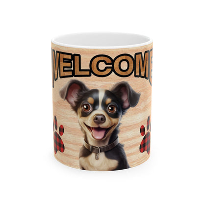 Welcome Dog Illustration Ceramic Mug – Cute Paw Print Coffee Cup 11oz    Item #68962