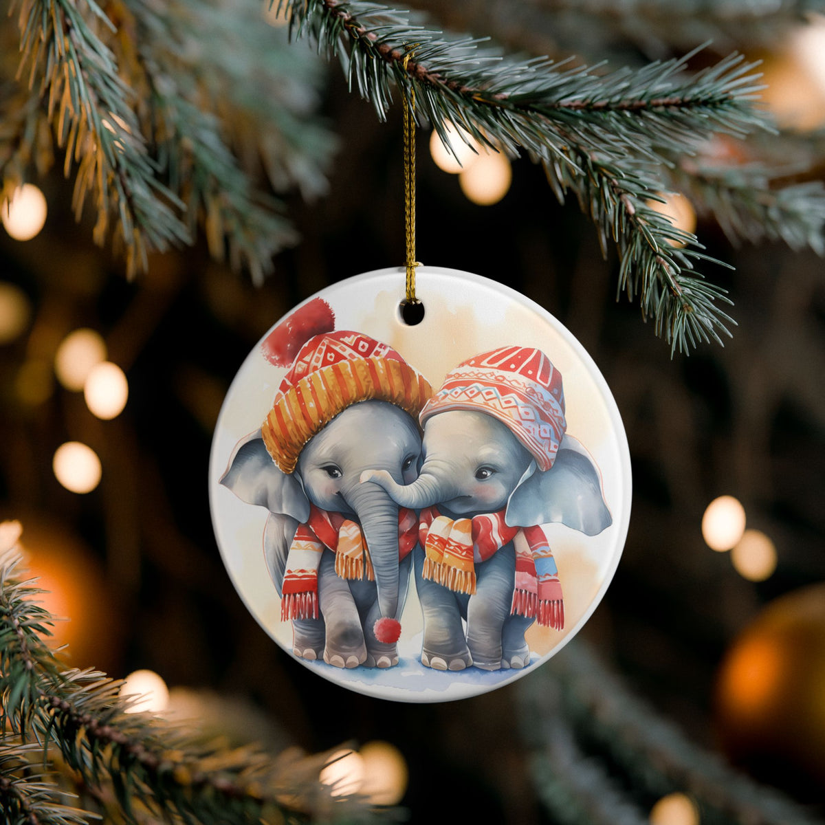Adorable Winter Elephant Friends Ceramic Ornament    Item #604566