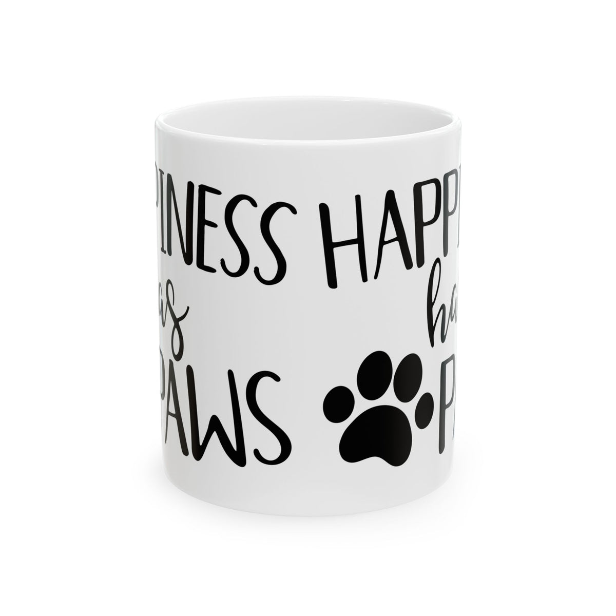 Dog Lover Ceramic Mug — “Happiness Has Paws” Paw Print Coffee Mug 11oz   Item #259295