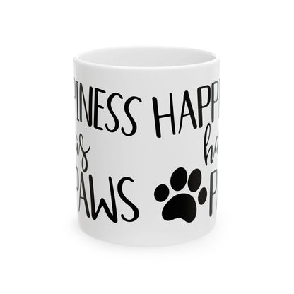 Dog Lover Ceramic Mug — “Happiness Has Paws” Paw Print Coffee Mug 11oz   Item #259295