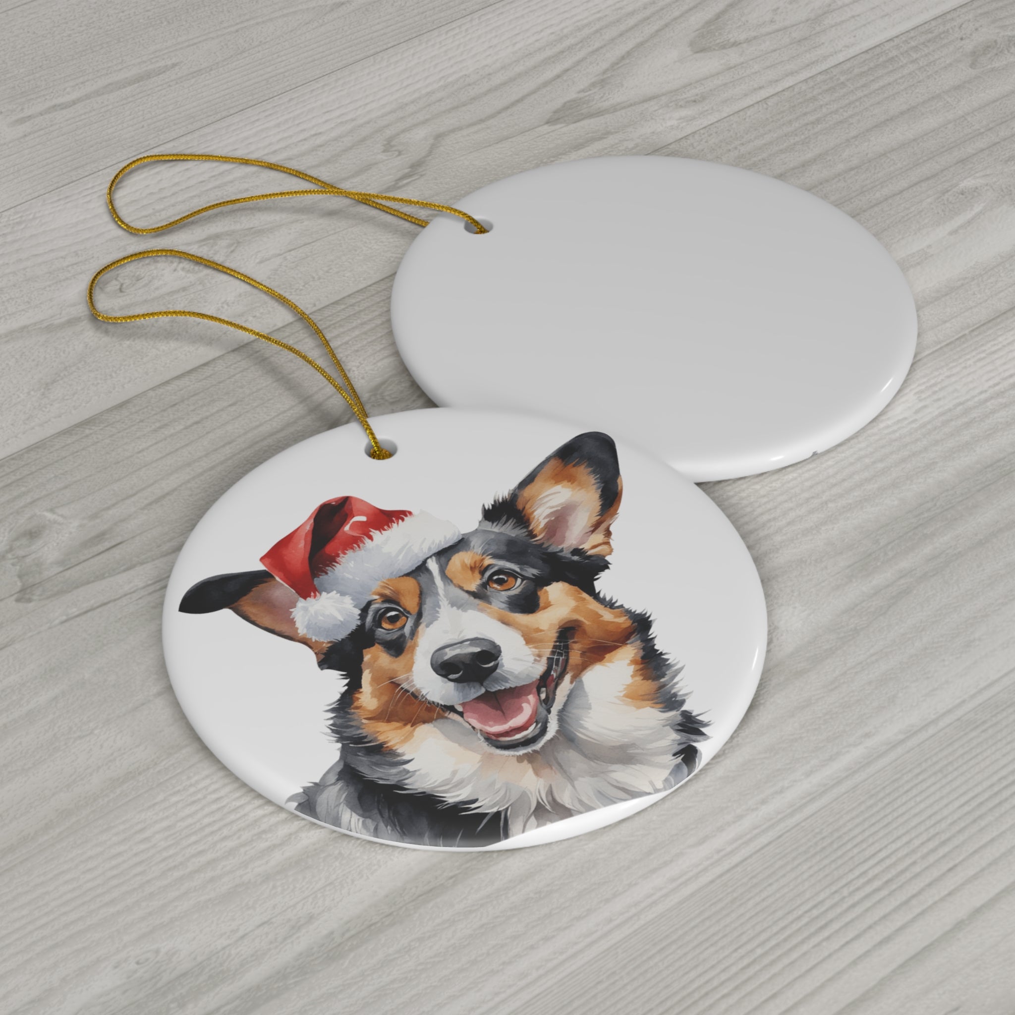 Cardigan Welsh Corgi Dog With Santa Hat Ceramic Disc Ornament         Item #8609675 - Buckshot's Bargain Barn