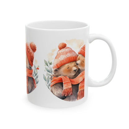 Cute Bear Couples Mug — Cozy Winter Bears in Matching Hats & Scarf 11oz   Item #17205