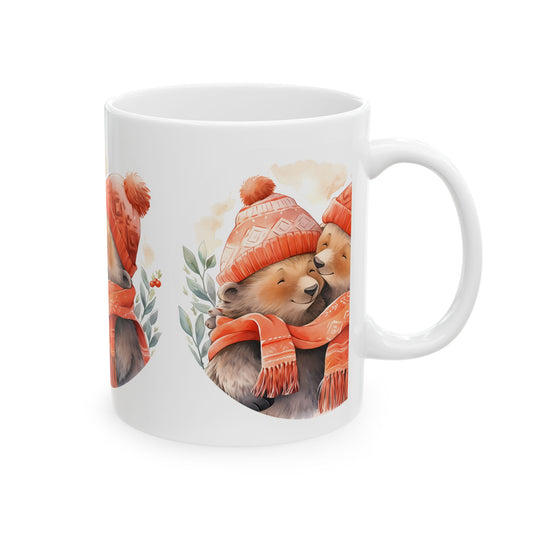 Cute Bear Couples Mug — Cozy Winter Bears in Matching Hats & Scarf 11oz   Item #17205