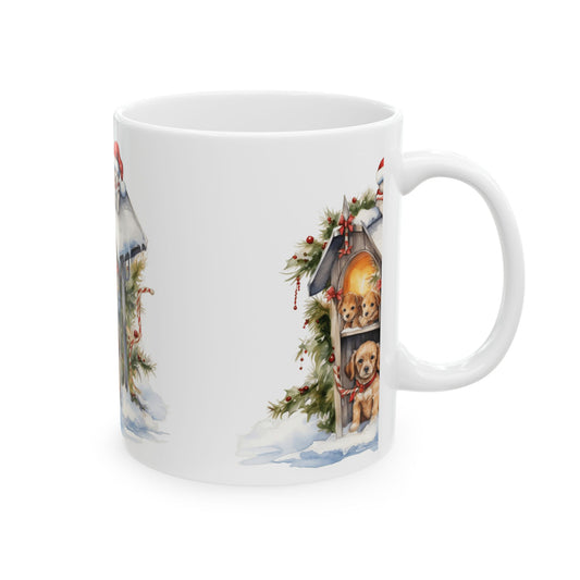 Christmas Puppy Mug — Festive Dogs in Snowy Mailbox Ceramic Coffee Cup 11oz   Item #913616
