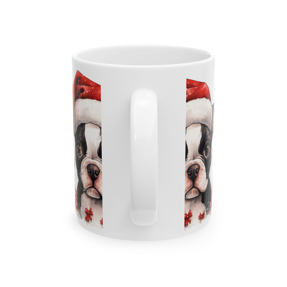 Christmas Boston Terrier Ceramic Mug — Cute Dog in Santa Hat, Holiday Coffee Cup 11oz   Item #822415