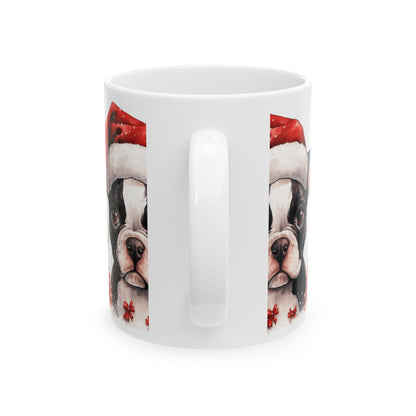 Christmas Boston Terrier Ceramic Mug — Cute Dog in Santa Hat, Holiday Coffee Cup 11oz   Item #822415