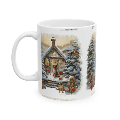 Winter Cabin Dogs Ceramic Mug — Cozy Snowy Cottage Holiday Coffee Cup 11oz   Item #418791