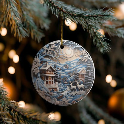 Winter Cabin Deer Ceramic Ornament   Item #391925