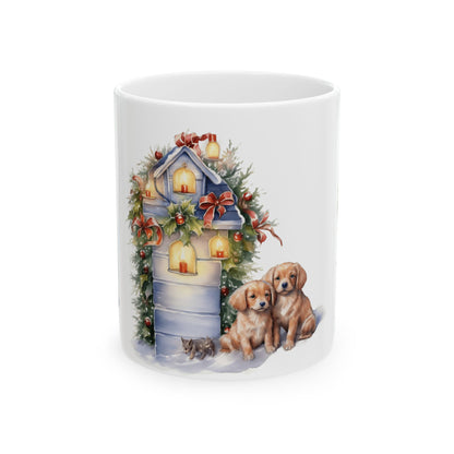 Holiday Dog & Lantern Ceramic Mug — Cute Puppies Christmas Coffee Cup 11oz  Item #75049