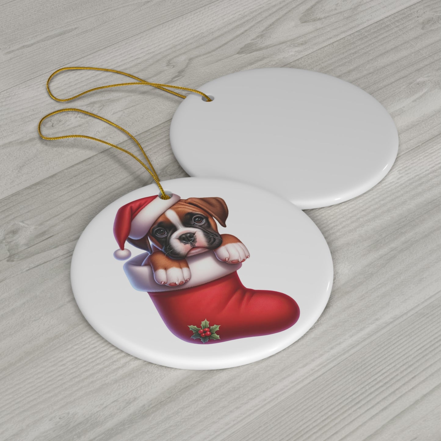 Boxer Christmas Stocking Ceramic Disc Ornament     Item #4869186