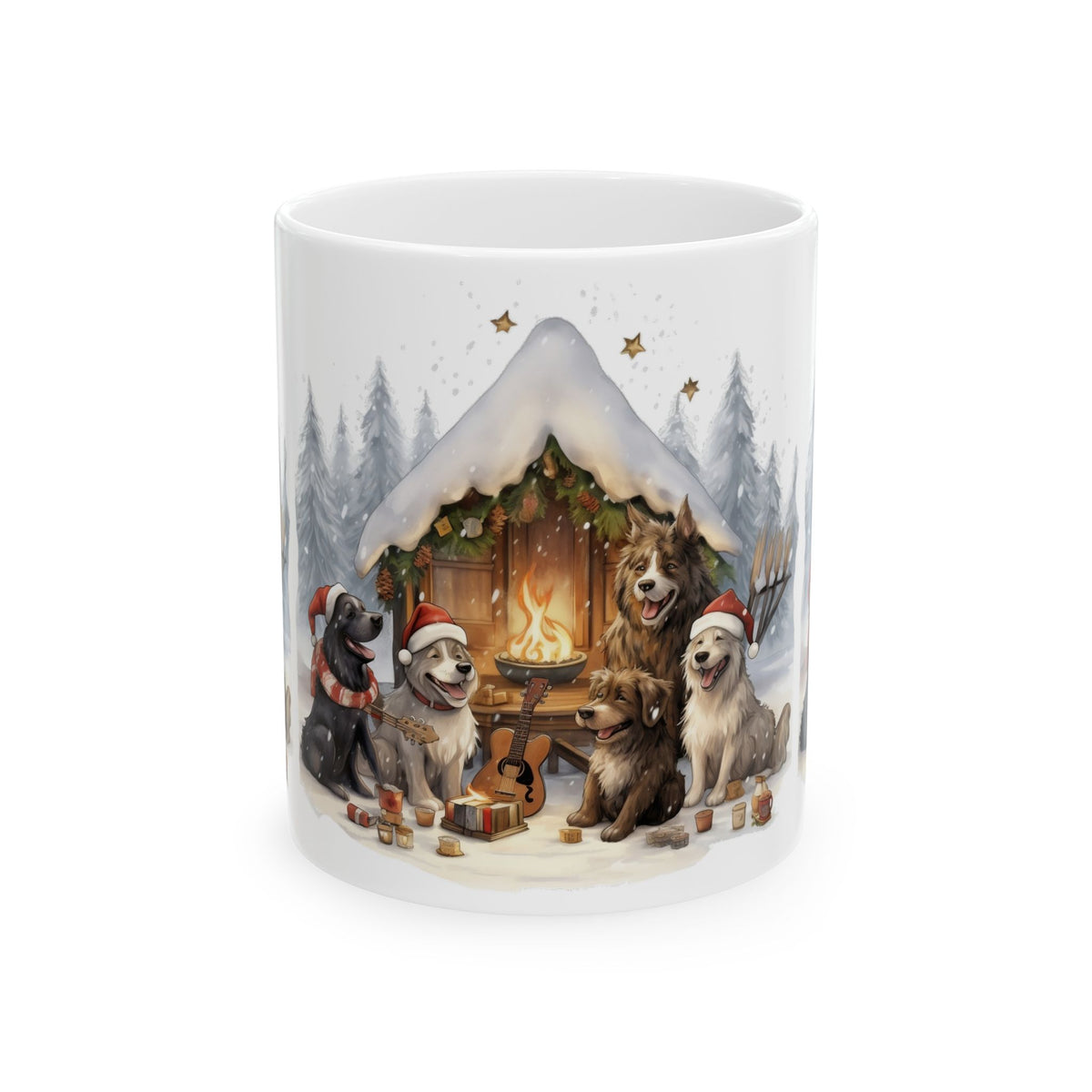 Holiday Cabin Dogs Ceramic Mug — Cozy Winter Christmas Dog Coffee Cup 11oz   Item #425803
