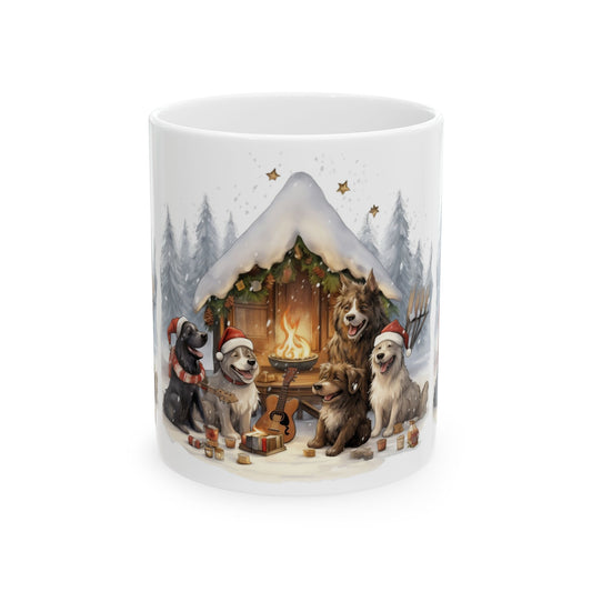 Holiday Cabin Dogs Ceramic Mug — Cozy Winter Christmas Dog Coffee Cup 11oz   Item #425803