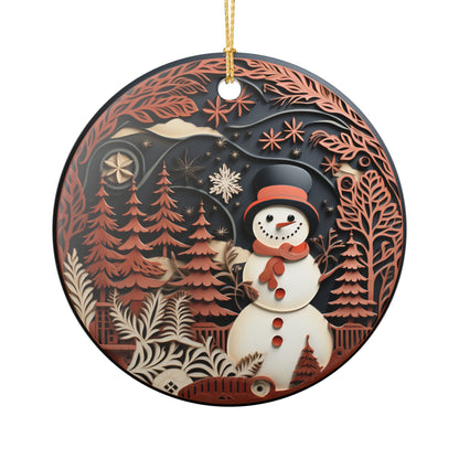 Ceramic Christmas Ornament with Snowman Winter Forest Design   Item #3133