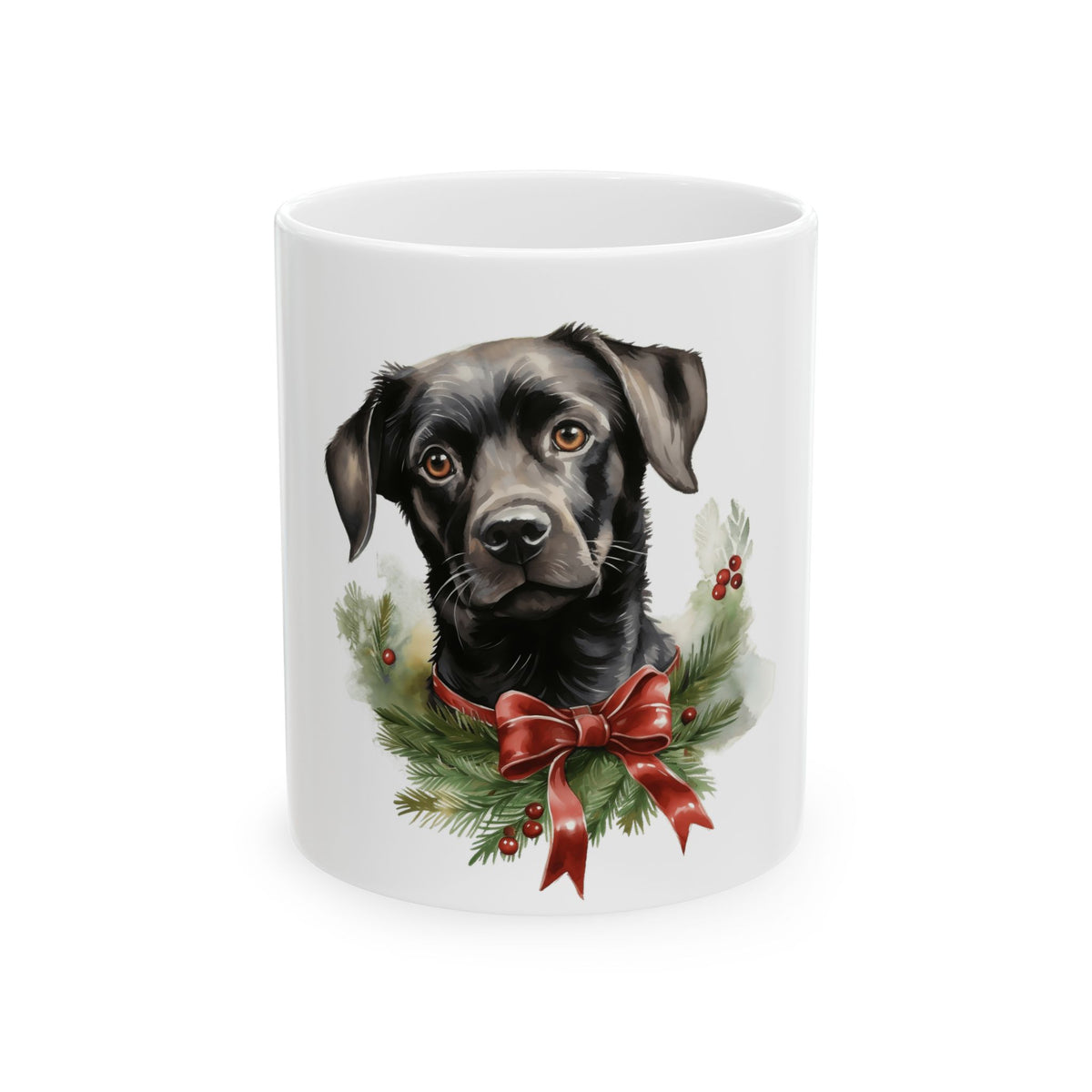 Black Lab Christmas Mug — Holiday Dog Wreath Ceramic Coffee Cup 11oz   Item #741427