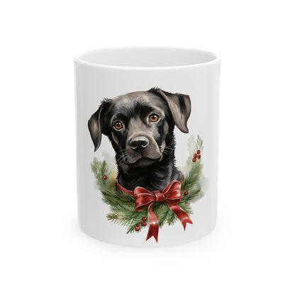 Black Lab Christmas Mug — Holiday Dog Wreath Ceramic Coffee Cup 11oz   Item #741427