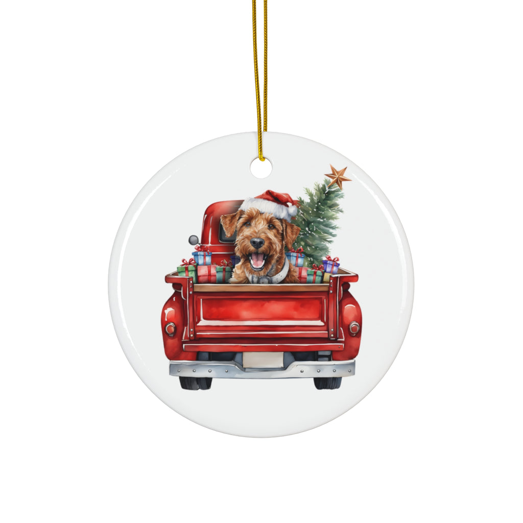 Ceramic Ornament - Irish Terrier Christmas Dog In Red Truck       Item #8398866 - Buckshot's Bargain Barn