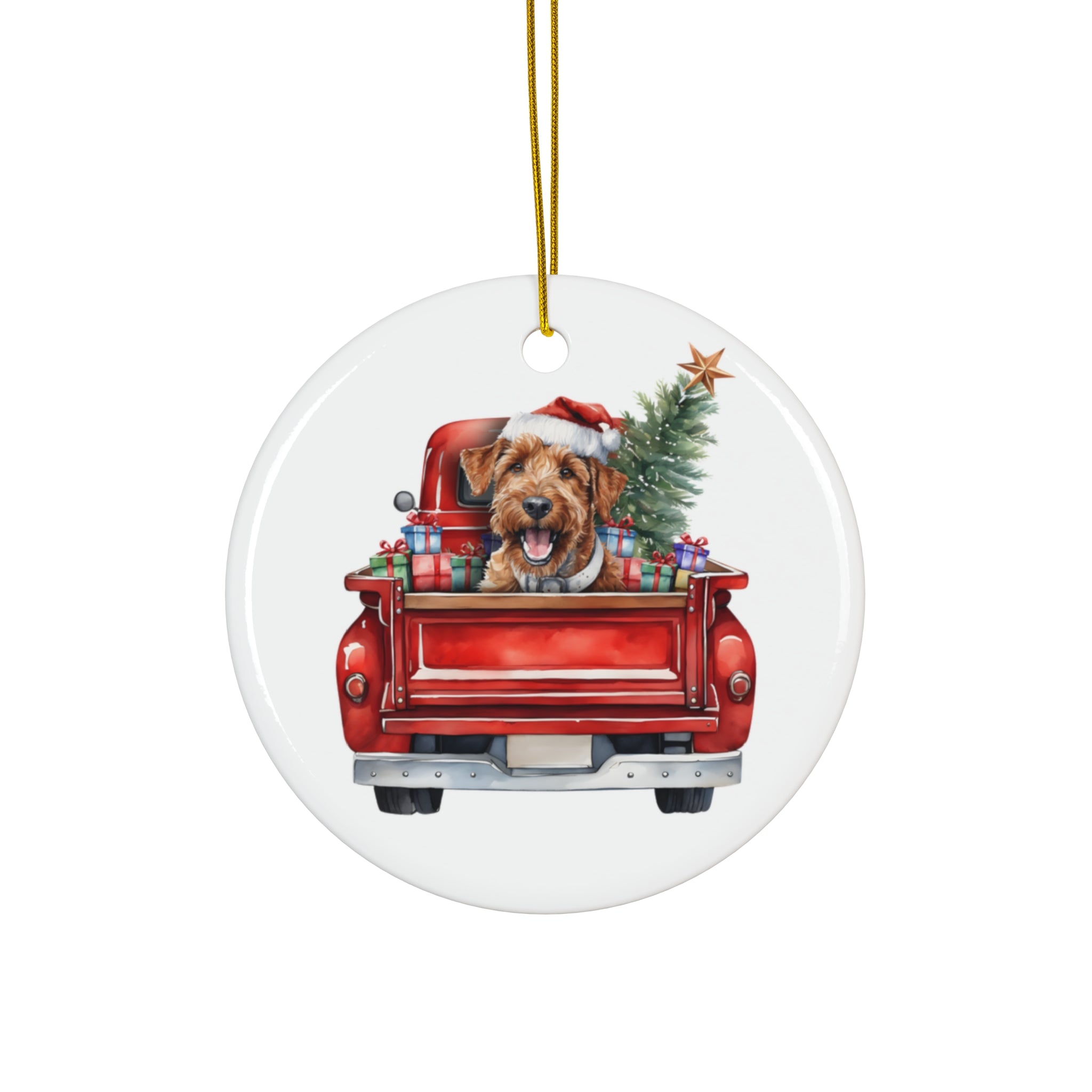 Ceramic Ornament - Irish Terrier Christmas Dog In Red Truck       Item #8398866 - Buckshot's Bargain Barn