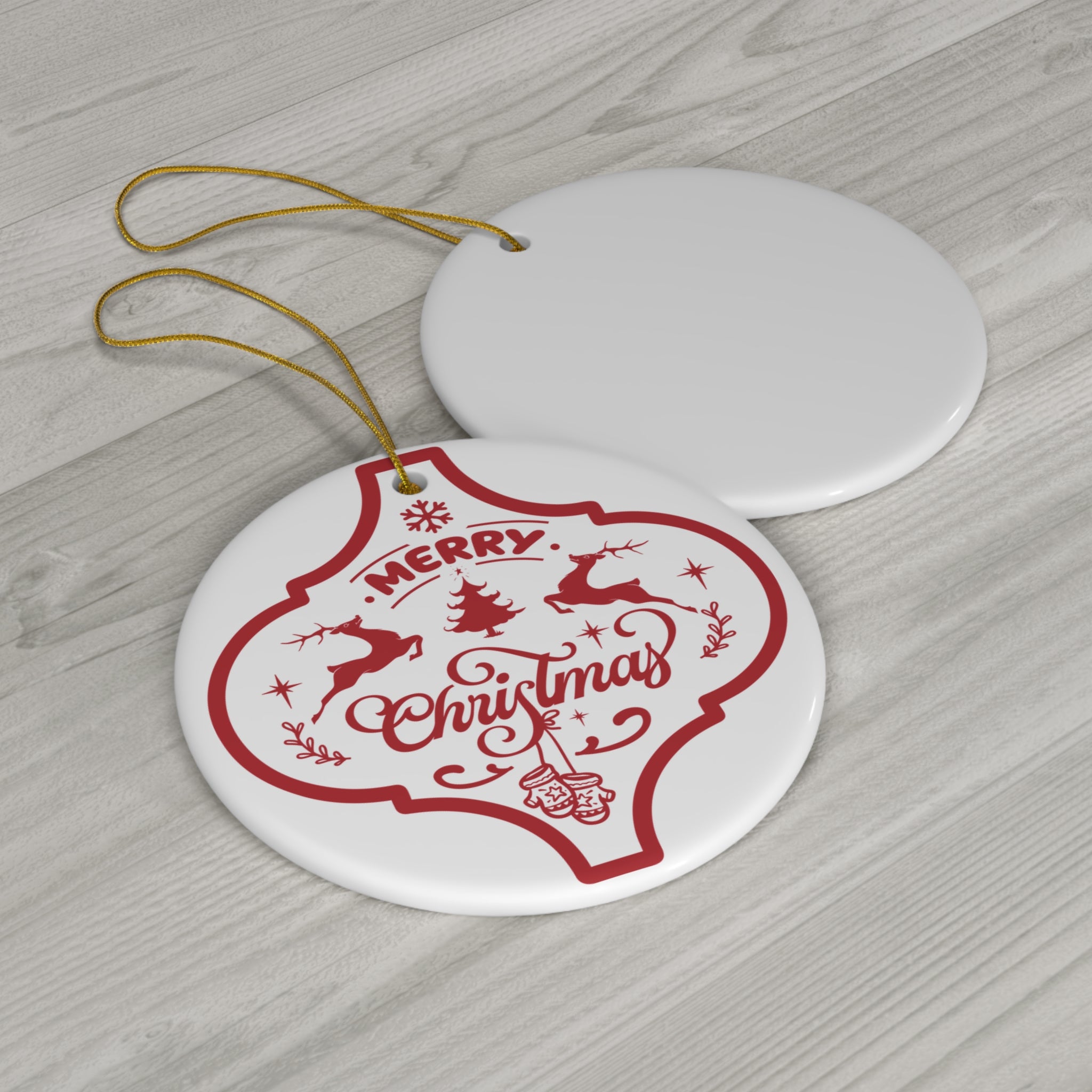 Merry Christmas Deers Ceramic Disc Ornament           Item #64426 - Buckshot's Bargain Barn