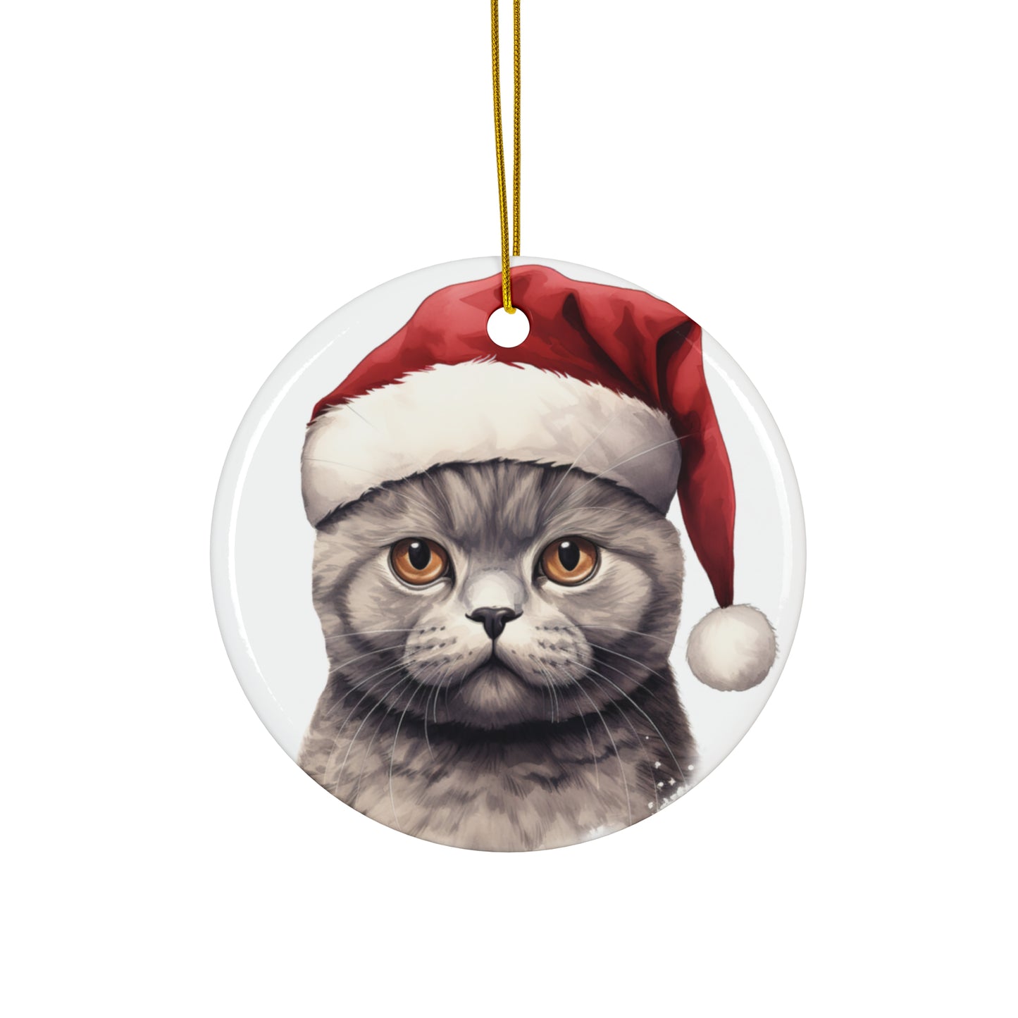 Ceramic Ornament - Scottish Fold Cat With Santa Hat      Item #2193748