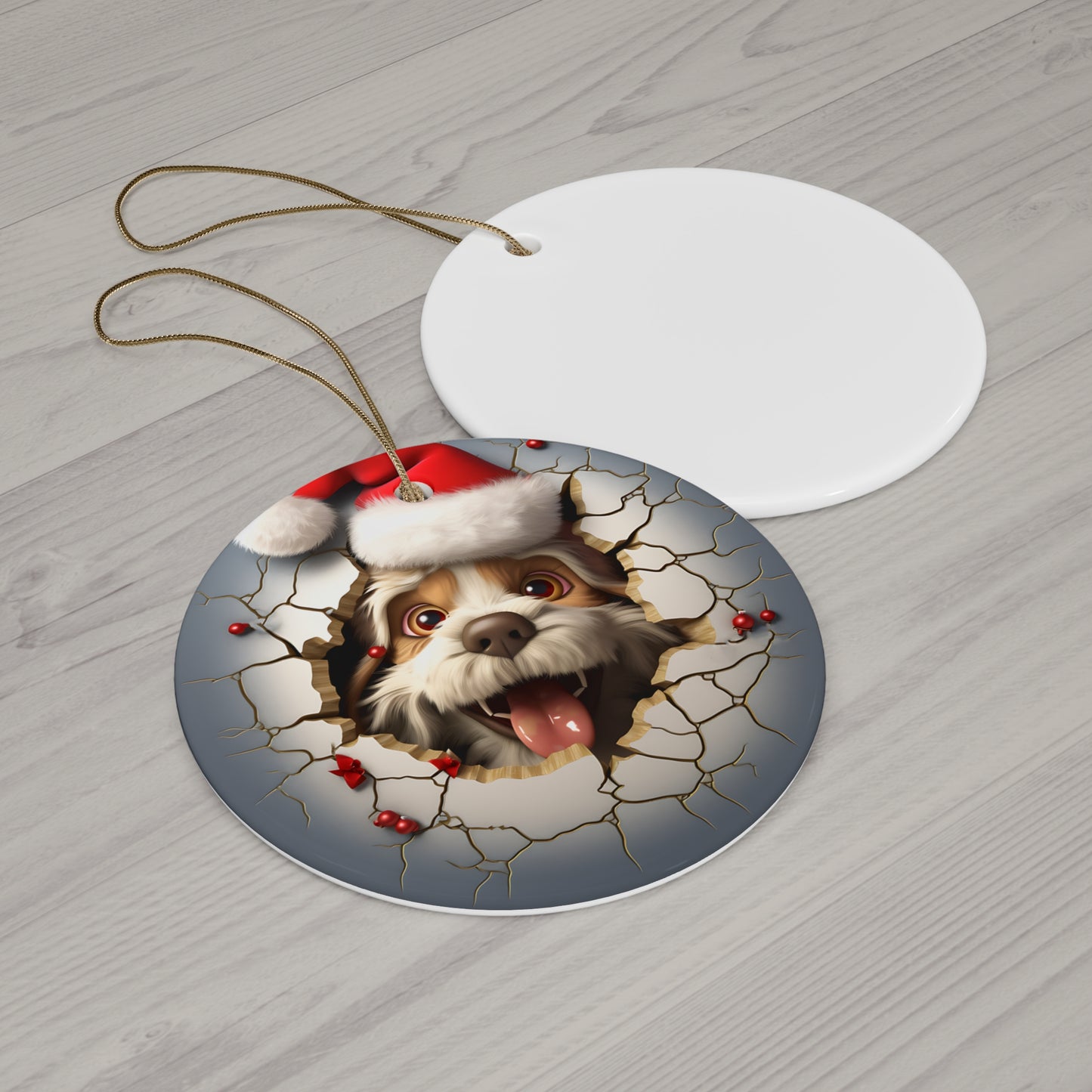 3D Dog With Santa Hat Breaking Out Ceramic Disc Ornament          Item #8817859