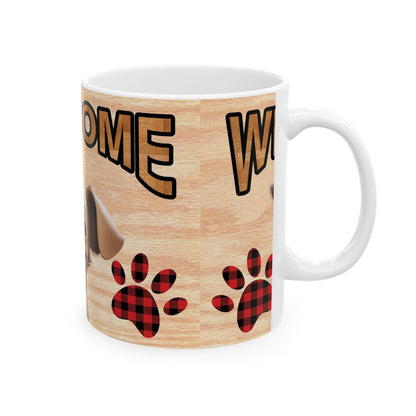 Welcome Dog Illustration Ceramic Mug – Cute Paw Print Coffee Cup 11oz    Item #833276