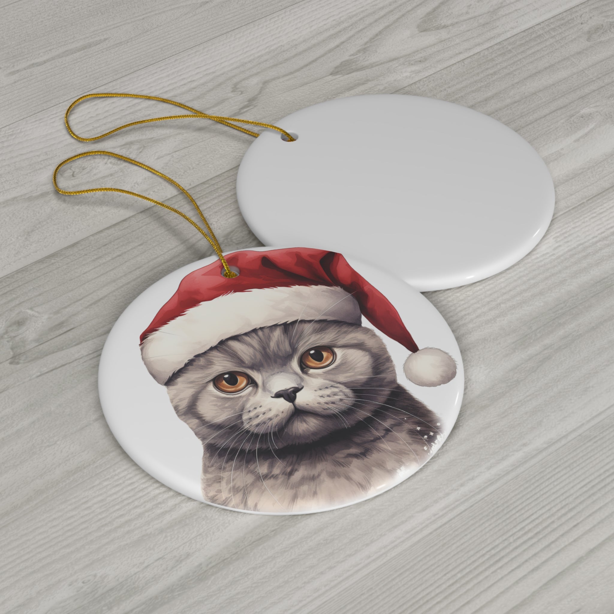 Ceramic Ornament - Scottish Fold Cat With Santa Hat      Item #2193748