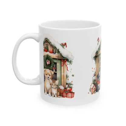 Holiday Pets Ceramic Mug – Cute Puppy & Kitten Christmas Scene 11oz   Item #298944