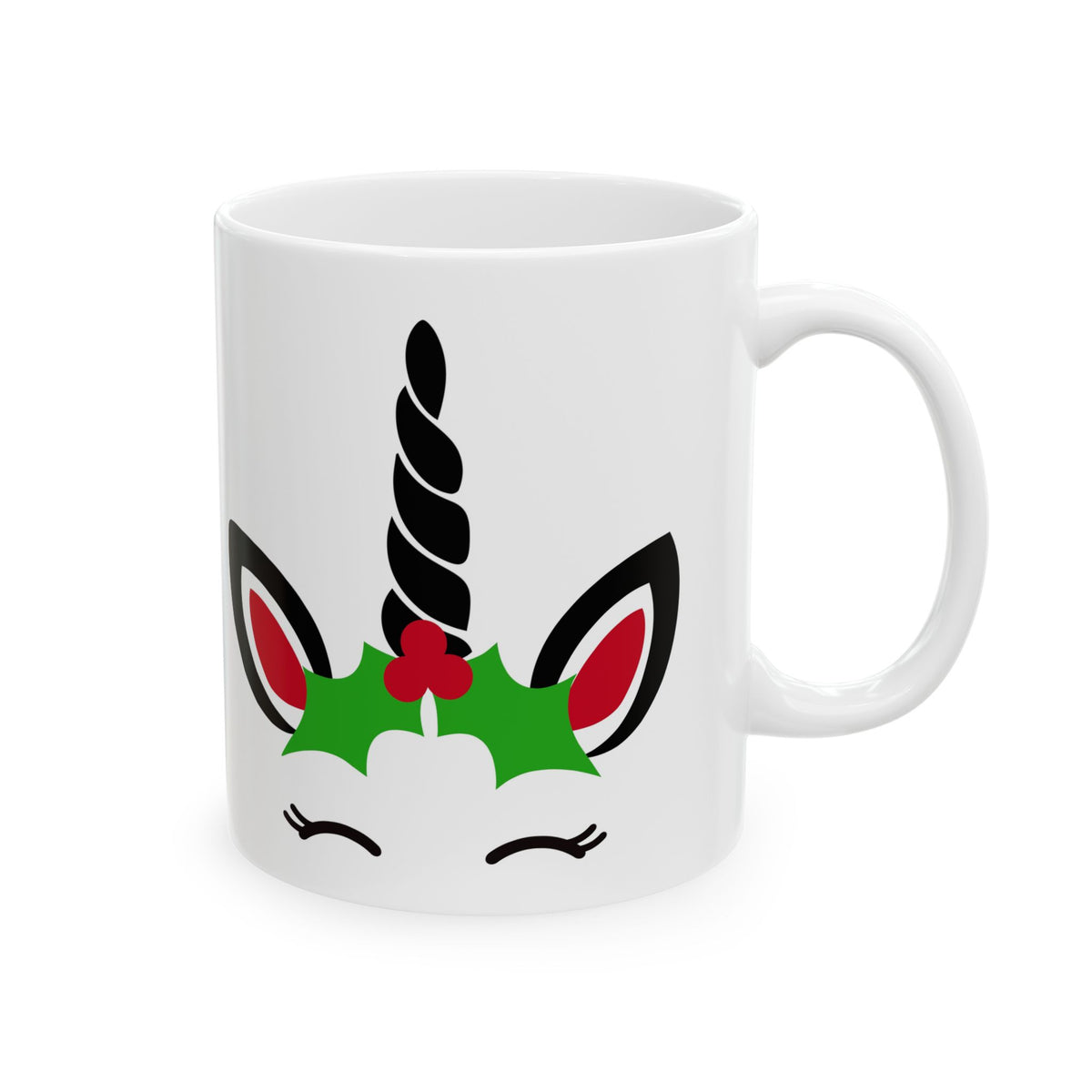 Christmas Unicorn Ceramic Mug – Cute Holiday Unicorn Horn & Holly Design 11oz   Item #32273