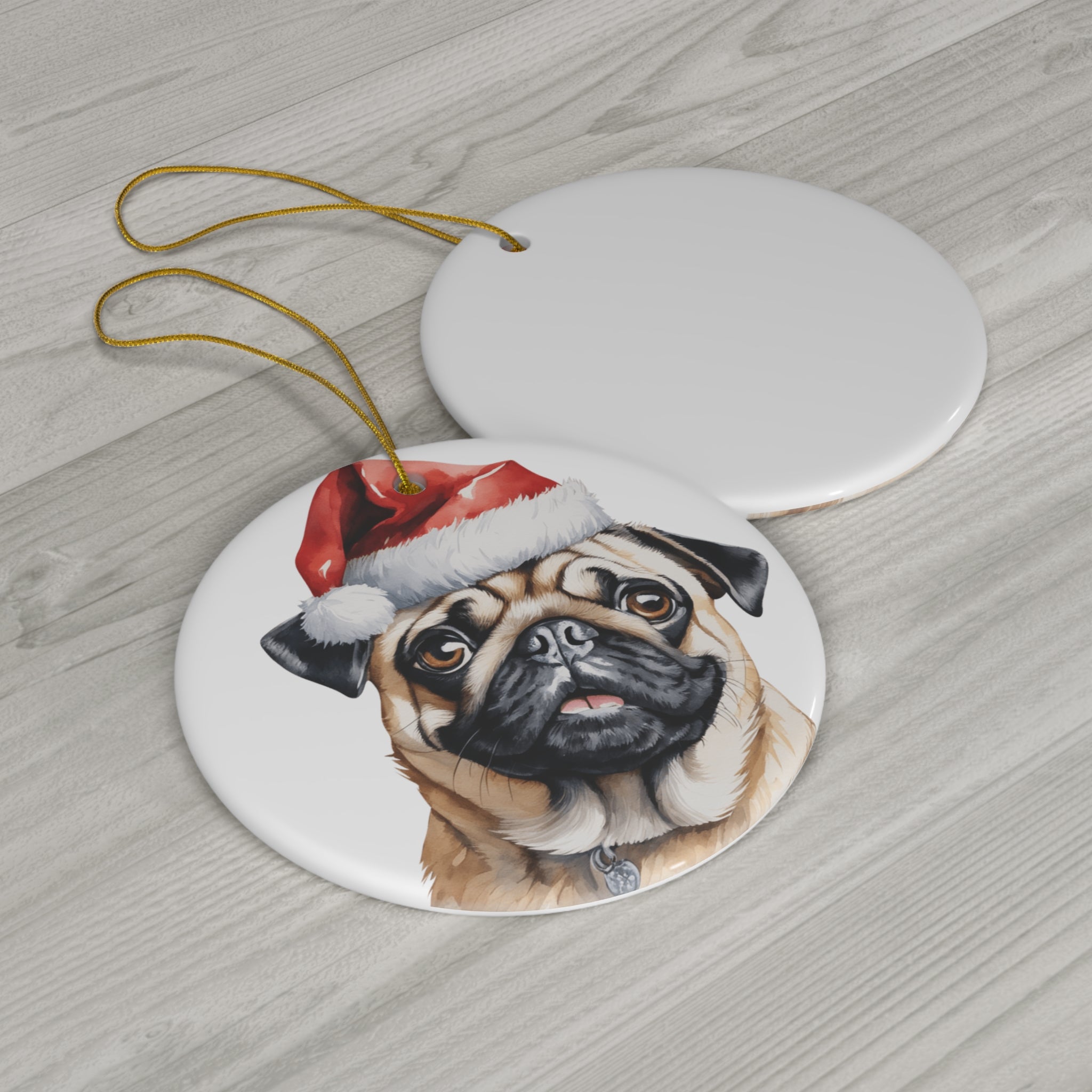 Pug Dog With Santa Hat Ceramic Disc Ornament           Item #4185094