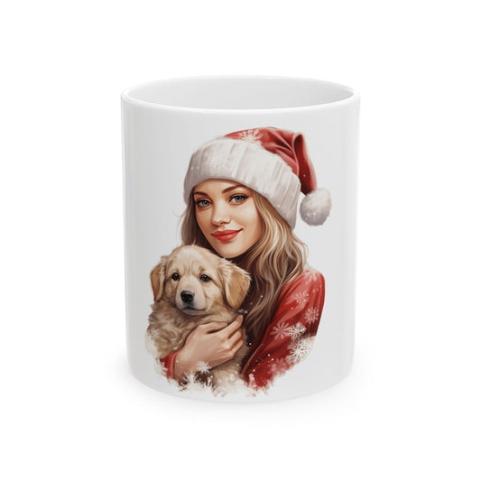 Christmas Girl with Puppy Ceramic Mug – Holiday Santa Hat Coffee Cup 11oz   Item #897846