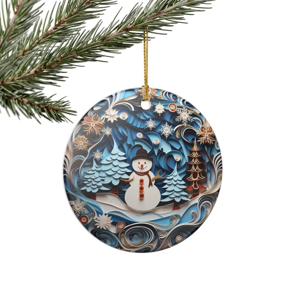 Ceramic Christmas Ornament with Snowman and Winter Forest Design    Item #776807