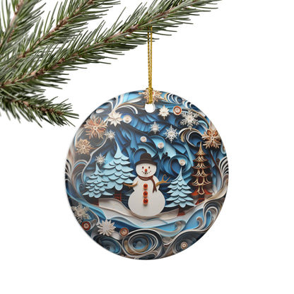 Ceramic Christmas Ornament with Snowman and Winter Forest Design    Item #776807